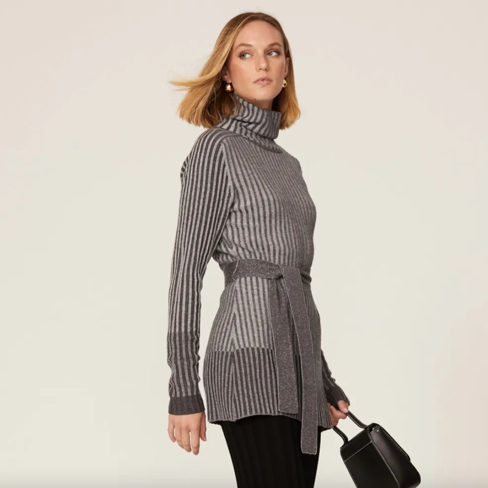 Gray Ribbed Cowl Turtleneck Sweater
